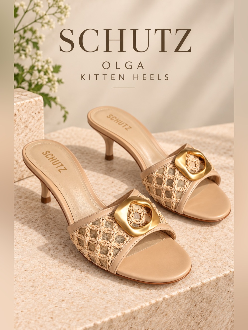 Schutz Olga Kitten Heels Raffia Mesh Leather Nude Gold Size 8B